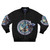 A blue bomber jacket featuring the heart insignia from the Kingdom Hearts video game series, with characters like Aqua, Ventus, and Terra.