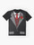 Funny graphic t-shirt design with a tuxedo costume, rose, and red tie for Halloween - Flat lay