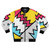 Retro 80s Memphis pattern bomber jacket with abstract, bright color shapes and graphics