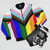 LGBTQ Progress Pride Flag Bomber Jacket with vibrant rainbow colors - Flat lay