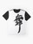 White t-shirt with a minimalist graphic design featuring the Japanese kanji character for "dance" in a calligraphic style. - Flat lay