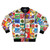 Kiwiana food and drink icons bomber jacket featuring various New Zealand icons and Kiwiana art