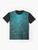 Teal galaxy night stars graphic t-shirt featuring a design of glowing stars, geometric constellations, and abstract tree artwork. - Flat lay
