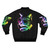 A bomber jacket with a graphic of a colorful, music-loving cat wearing headphones. - Back