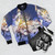 Bomber jacket featuring the Murderbot Diaries sci-fi design with Sanctuary Moon and artificial intelligence elements. - Flat lay