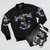 "Patriotic American flag and bald eagle design on a bomber jacket" - Flat lay
