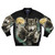 A bomber jacket featuring a design of three wolves howling at the full moon in a natural, wilderness setting.