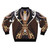 A brown and gold bomber jacket featuring the character Zhongli from the video game Genshin Impact. - Back