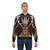 A brown and gold bomber jacket featuring the character Zhongli from the video game Genshin Impact. - Lifestyle