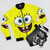 Spongebob cartoon character printed on a yellow bomber jacket - Flat lay