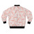 Geometric bomber jacket featuring aperiodic monotile Einstein shapes in peach and pink tones - Back