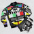 Retro graphic bomber jacket with "Standby for Transmission" design and vintage TV/glitch effect. - Flat lay