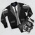 Stylish black bomber jacket with suit, tie, and vest details - Flat lay