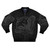 A bomber jacket featuring a graphic design of a raven with mythical Nordic-inspired elements like knotwork, stars, and the North Star.