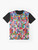 Colorful graphic t-shirt featuring flags of the world, symbolizing global unity and tolerance. - Flat lay