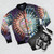 "Always on the Edge of Death" abstract art bomber jacket with skull, heart, and word art design - Flat lay