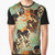 Colorful graphic t-shirt featuring flying cranes and spring flowers in a Japanese-inspired floral pattern