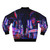 A Korean-inspired bomber jacket with a trippy, LSD-inspired design featuring a cityscape, neon lights, and abstract elements. - Back
