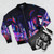 A Korean-inspired bomber jacket with a trippy, LSD-inspired design featuring a cityscape, neon lights, and abstract elements. - Flat lay