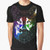 Geometric wolf graphic design on a t-shirt, featuring abstract triangles and lines in various colors.