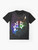 Geometric wolf graphic design on a t-shirt, featuring abstract triangles and lines in various colors. - Flat lay