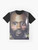 Kawaii-style illustration of MC Ride, the frontman of the experimental hip-hop group Death Grips, on a graphic t-shirt - Flat lay