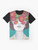 A surrealist graphic t-shirt featuring a woman's face with rose tinted glasses, surrounded by a watercolor floral design. - Flat lay
