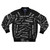 Black bomber jacket with Robbie Williams song titles printed on it