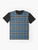 Clan Thomson tartan graphic t-shirt featuring a classic Scottish plaid pattern in shades of blue, navy, and yellow. - Flat lay
