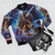 Vintage bomber jacket with a worn, faded sci-fi inspired design - Flat lay