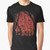 Whimsical fireflies glowing in a red forest at night on a graphic t-shirt design.