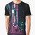 Futuristic graphic t-shirt featuring a cyberpunk inspired design with neon lights, alleys, and cityscapes from Japan.