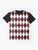 A black, white, and red harlequin or diamond pattern graphic t-shirt - Flat lay