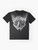 Vintage black metal cat graphic t-shirt design with karma logo - Flat lay