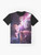 A graphic t-shirt featuring a degenerate moon design and a cute orange cat. - Flat lay