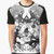 Minimalist line drawing illustration of various Australian birds including a cockatoo, parrot, and lorikeet on a black and white graphic t-shirt