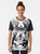 Minimalist line drawing illustration of various Australian birds including a cockatoo, parrot, and lorikeet on a black and white graphic t-shirt - Women
