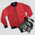 Ominous red handprint design on a black bomber jacket - Flat lay