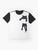 Black cat graphic t-shirt with a minimalist "hang loose" pocket art design - Flat lay