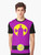 LarryBoy, the superhero character from Veggietales, featured on a purple and yellow graphic t-shirt. - Men