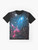 Graphic t-shirt with a design depicting galaxies colliding in space - Flat lay