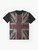 Old English graphic t-shirt with distressed, tattered, and ripped Union Jack flag design - Flat lay