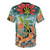 Cosmic, sci-fi-inspired t-shirt with an astronaut/spaceman design and nature elements like trees and plants in orange and blue tones. - Back