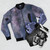 A starry sky bomber jacket with a galaxy-inspired design, perfect for fans of the manga "Oyasumi Punpun" by Inio Asano. - Flat lay