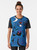 Abstract t-shirt design featuring geometric red shapes on a blue background, inspired by the artwork of famous Spanish artist Joan Miro. - Women