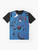 Abstract t-shirt design featuring geometric red shapes on a blue background, inspired by the artwork of famous Spanish artist Joan Miro. - Flat lay