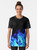 A graphic t-shirt featuring bold blue flames with an electric, neon design against a dark background. - Women