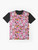 A pink graphic t-shirt featuring Kiwiana elements like bees, chocolate, sweets, and fish. - Flat lay