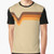 Vintage 70s graphic t-shirt with retro orange, yellow, and brown striped and chevron design