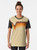 Vintage 70s graphic t-shirt with retro orange, yellow, and brown striped and chevron design - Women